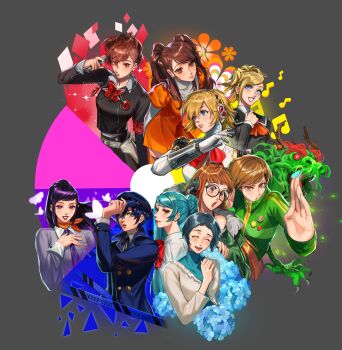 6+girls absurdres aigis_(persona) armband artist_name blonde_hair blue_eyes blue_hair bow bowtie brown_eyes brown_hair butter newsboy_cap caution_tape closed_eyes color_wheel_challenge commentary curo_(curo_02) dragon dress english_commentary evoker fighting_stance food gakuran gekkoukan_high_school_uniform glasses green_track_suit gun gun_to_head hair_bun hat headphones highres holster keep_out kimijima_yuu_(persona) kirishima_eriko kujikawa_rise laura_bailey lipstick lisa_silverman long_hair makeup multiple_drawing_challenge multiple_girls musical_note open_mouth persona persona_1 persona_2 persona_2_tsumi persona_3 persona_3_portable persona_4 persona_4_the_golden persona_5 aiming purple_eyes purple_hair red_eyes reverse_trap robot_girl sakura_futaba satonaka_chie scarf school_uniform seven_sisters_high_school_uniform shiomi_kotone shirogane_naoto short_hair single_hair_bun smile st._hermelin_school_uniform track_suit twintails unfinished voice_actor_connection weapon yamagishi_fuuka