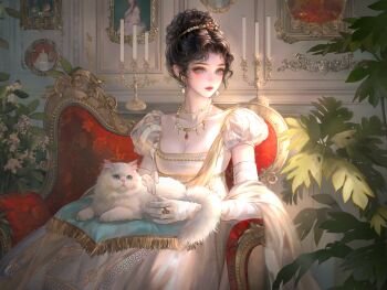 1girl absurdres animal black_hair blue_eyes breasts candle cat chair cleavage couch dress earrings elbow_gloves gloves hair_bun highres indoors jewelry large_variant_set necklace on_lap original pearl_necklace plant puffy_sleeves ring sitting solo variant_set white_cat white_dress white_gloves xixizi