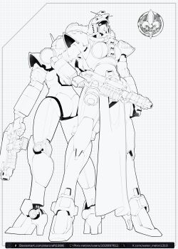 2girls absurdres adepta_sororitas armor artist_logo artist_name bolter boobplate breastplate butt_crack commentary crossover deviantart_logo deviantart_username english_commentary flamer fleur-de-lis full_body fusion g_gundam greyscale grid_background gun gundam high_heels highres holding holding_gun holding_weapon humanoid_robot joints lineart logo mecha mobile_suit monochrome multiple_girls no_humans nobel_gundam outside_border pelvic_curtain pixiv_logo pixiv_username robot robot_girl robot_joints science_fiction shoulder_armor skull skull_ornament tube twitter_username twitter_x_logo warhammer_40k watermark watermelonsfw weapon web_address