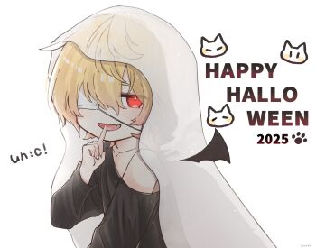 1boy 2025 bare_shoulders bat_wings black_shirt blonde_hair cat character_name commentary_request english_text eyepatch fang happy_halloween highres indie_utaite long_sleeves natsun_9 paw_print red_eyes shirt short_hair shota un-c_(utaite) utaite veil white_background wings