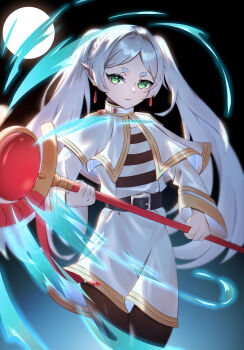 1girl absurdres breasts capelet commentary_request dress earrings elf frieren green_eyes grey_hair highres holding holding_staff jewelry long_hair looking_at_viewer parted_bangs pointy_ears pontaro2 solo sousou_no_frieren staff twintails white_capelet white_hair
