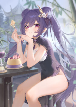 1girl absurdres alcohol alternate_costume alternate_hairstyle blurry blurry_background blush cake china_dress chinese_clothes closed_mouth covered_navel cup diamond-shaped_pupils diamond_(shape) double_bun dress drinking_glass food fork fruit genshin_impact hair_between_eyes hair_bun hair_ornament highres holding holding_fork keqing_(genshin_impact) long_hair looking_at_viewer no_panties pou_bao purple_dress short_sleeves sitting smile solo strawberry strawberry_cake symbol-shaped_pupils thighs twintails very_long_hair wine wine_glass