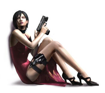1girl 3d ada_wong bare_shoulders black_hair capcom dress female_focus full_body bad_tag gun handgun high_heels highres holster official_art red_dress resident_evil resident_evil_4 side_slit sitting solo springfield_armory_xd survival_horror weapon