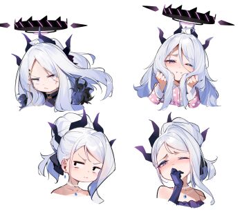 1girl blue_archive blush commentary_request dress gloves halo highres hina_(blue_archive) hina_(dress)_(blue_archive) hina_(pajamas)_(blue_archive) horns jewelry long_hair multiple_horns multiple_views necklace official_alternate_costume official_alternate_hairstyle painterliuhao purple_eyes simple_background white_background