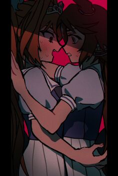 2girls absurdres blush brown_hair commentary daiwa_scarlet_(umamusume) english_commentary fang highres long_hair looking_at_another multiple_girls noses_touching pleated_skirt purple_shirt school_uniform shirt short_sleeves skirt stuck_in_a_box sweat tai_vii tiara tracen_school_uniform umamusume vodka_(umamusume) white_skirt yuri