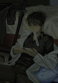 1boy belt black_coat black_eyes black_hair black_shirt charger chewing coat coat_partially_removed collared_shirt commentary cowboy_shot english_commentary fish highres holding holding_phone keomikan kim_dokja leaning_back male_focus messy_hair ocean_sunfish omniscient_reader&#039;s_viewpoint phone shirt short_hair stuffed_animal stuffed_toy sword unworn_coat weapon white_coat