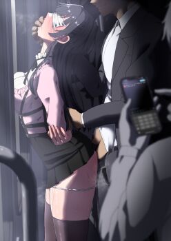 1girl 2boys against_glass against_wall arched_back arms_behind_back belt black_belt black_hair black_ribbon black_skirt black_thighhighs blindfold blush breast_press breasts breasts_on_glass breath cellphone chat_log chikan covered_eyes covered_penetration finger_in_another&#039;s_mouth formal_clothes from_side grin hands_behind hetero hidden_eyes highres holding holding_phone idolmaster idolmaster_shiny_colors improvised_blindfold jirai_kei mask mayuzumi_fuyuko medium_breasts molestation mouth_mask multiple_boys neck_ribbon open_belt open_fly panties panties_around_leg panty_pull phone pink_shirt pleated_skirt rape ribbon sex sex_from_behind shirt skirt smartphone smile standing standing_sex stealth_sex steaming_body suit sweat text_messaging thighhighs train train_interior translation_request tweet underwear white_mask white_panties zetsu_red