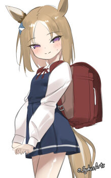 1girl aged_down animal_ears backpack bag blue_dress brown_fur brown_hair brown_tail closed_mouth commentary dress english_commentary highres horse_ears horse_girl horse_tail long_hair long_sleeves looking_at_viewer narita_top_road_(umamusume) own_hands_together parted_bangs purple_eyes randoseru red_bag school_uniform shirt smile solo standing sweatdrop sydus tail umamusume white_background white_shirt