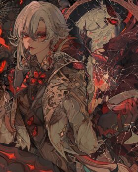 1girl against_mirror arlecchino_(cinder_of_two_worlds&#039;_flames)_(genshin_impact) arlecchino_(genshin_impact) broken_mirror card claws cup earrings finger_to_mouth genshin_impact hair_ornament highres holding holding_cup ichigoh jewelry looking_at_viewer mirror multicolored_hair playing_card reflection ring smile solo streaked_hair white_hair