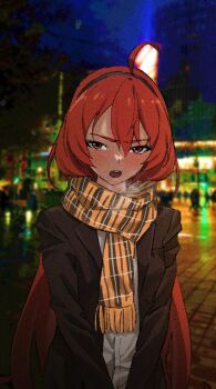 1girl ahoge black_hairband blurry blurry_background blush breath brown_jacket city eris_greyrat hair_between_eyes hairband highres jacket long_hair looking_at_viewer mushoku_tensei night nyus0721 open_mouth orange_scarf outdoors plaid_clothes plaid_scarf red_eyes red_hair scarf shirt upper_body very_long_hair white_shirt