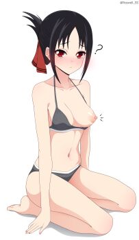 1girl :/ ? absurdres arms_at_sides bare_arms bare_shoulders barefoot bikini black_bikini black_hair blush breasts cleavage closed_mouth clueless collarbone commentary curvy english_commentary eyelashes folded_ponytail frown full-face_blush full_body furrowed_brow hair_ribbon halterneck highres kaguya-sama_wa_kokurasetai_~tensai-tachi_no_renai_zunousen~ medium_breasts medium_hair midriff navel nipple_slip nipples nose_blush notice_lines paid_reward_available parted_bangs red_eyes red_ribbon ribbon roswell_ss seiza shinomiya_kaguya shy simple_background sitting solo stomach swimsuit thighs tsurime twitter_username underwear white_background