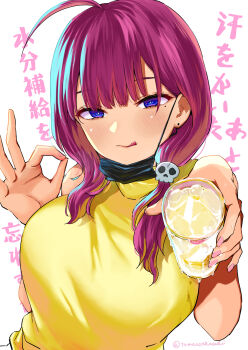 Rule 34 | 1girl, :q, ahoge, bare arms, blue eyes, breasts, commentary request, cup, drink, earrings, hair ornament, hair over shoulder, highres, holding, holding cup, holding drink, jewelry, large breasts, light blush, looking at viewer, mole, mole under eye, ok sign, original, purple hair, shirt, simple background, skull hair ornament, sleeveless, sleeveless shirt, solo, tongue, tongue out, translation request, upper body, white background, yellow shirt, yumeno tanuki