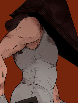 Rule 34 | 1boy, absurdres, bin n0, cowboy shot, from side, gloves, highres, male focus, pyramid head, red background, shirt, silent hill (series), silent hill 2, simple background, solo, white gloves, white shirt