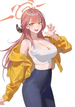 1girl aru_(blue_archive) black_pants blue_archive breasts brown_horns cameltoe claw_pose cowboy_shot demon_horns halo hand_up hashtag-only_commentary high-waist_pants highres hongcasso horns jacket large_breasts long_hair long_sleeves looking_at_viewer low_horns midriff off_shoulder open_clothes open_jacket open_mouth orange_halo pants pink_hair simple_background smile solo sports_bra standing very_long_hair white_background white_sports_bra workout_clothes yellow_eyes yellow_jacket yoga_pants