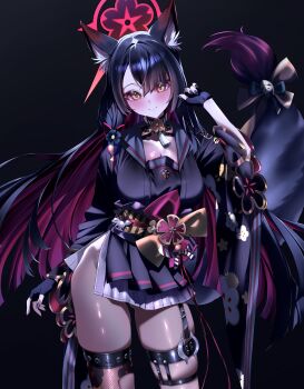 1girl absurdres animal_ear_fluff animal_ears black_gloves black_hair black_sailor_collar black_shirt black_tail blue_archive blush bow breasts cleavage closed_mouth colored_inner_hair comiket_107 commentary_request contrapposto cowboy_shot earrings eyeshadow fingerless_gloves floral_print_sleeves fox_ears fox_girl fox_tail gloves halo hand_up highres jewelry large_breasts long_hair looking_at_viewer makeup md5_mismatch multicolored_hair nagato_izumi_(naval_cat_holiday) obi pleated_skirt red_halo resolution_mismatch sailor_collar sailor_shirt sash shirt side_slit single_earring skindentation skirt smile solo source_smaller tail tail_bow tail_ornament thick_thighs thighhighs thighs torn_clothes torn_thighhighs very_long_hair wakamo_(blue_archive) white_skirt yellow_eyes