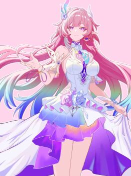 1girl aqua_hair bare_shoulders breasts commentary_request cyrene_(honkai:_star_rail) cyrene_(ripples_of_past_reverie)_(honkai:_star_rail) diamond-shaped_pupils diamond_(shape) dress earrings flower gradient_hair hair_flower hair_ornament highres honkai:_star_rail honkai_(series) jewelry large_breasts long_hair looking_at_viewer millau_l multicolored_hair pink_background pink_hair pointy_ears purple_eyes simple_background smile solo symbol-shaped_pupils thighs very_long_hair white_dress white_hair