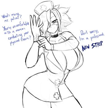 adjusting_clothes adjusting_gloves eyepatch gloves hat imminent_handjob latex latex_gloves lineart mouth_mask nurse nurse_cap skullgirls speech_bubble surgical_mask valentine_(skullgirls) vkid