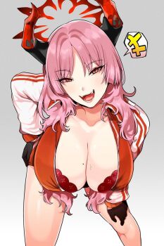 Rule 34 | 1girl, 41 (taskmaster41), black gloves, blue archive, bra, bra peek, breasts, cleavage, demon horns, fangs, gloves, grey background, hair over shoulder, halo, hand on own hip, hand on own knee, horns, huge breasts, jacket, leaning forward, lips, long hair, mole, mole on breast, open clothes, open jacket, open mouth, orange jacket, pink eyes, pink hair, red bra, satsuki (blue archive), slit pupils, smile, solo, standing, sweat, tongue, underwear, unzipped, white jacket