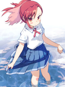 1girl akayama_yukihe blue_skirt blush fingernails highres medium_hair pleated_skirt ponytail red_eyes red_hair ruri_no_houseki school_uniform seto_shouko skirt solo wading water
