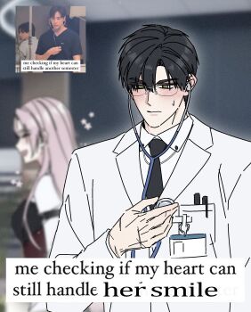 1boy 1girl arm_belt black_hair black_necktie black_shirt blush breasts closed_eyes closed_mouth collared_shirt commentary_request derivative_work glasses green_eyes grey_hair hair_between_eyes hetero highres holding holding_stethoscope ice_fl0wer korean_commentary lab_coat long_hair love_and_deepspace medium_breasts necktie open_mouth parted_bangs protagonist_(love_and_deepspace) reference_inset scar scar_on_hand shirt shirt_under_shirt short_hair smile stethoscope sweatdrop upper_body white_shirt zayne_(love_and_deepspace)