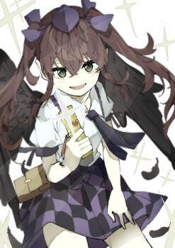 Rule 34 | 1girl, absurdres, black skirt, brown eyes, brown hair, camera phone, cellphone, checkered clothes, checkered skirt, collared shirt, cowboy shot, falling feathers, feathered wings, feathers, flip phone, frilled shirt collar, frills, hat, highres, himekaidou hatate, holding, holding phone, kuromaru ira, long hair, looking at viewer, necktie, open mouth, phone, pointy ears, puffy short sleeves, puffy sleeves, purple hat, purple skirt, shirt, short sleeves, skirt, smile, solo, square-end necktie, taking picture, tokin hat, touhou, twintails, two-tone skirt, white shirt, wings