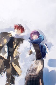 1boy 1girl black_skirt blue_scarf blunt_bangs brown_coat closed_eyes coat fern_(sousou_no_frieren) highres ikachyu light_smile long_hair looking_at_another lying on_back open_mouth purple_eyes purple_hair red_hair scarf short_hair skirt smile snow snow_angel sousou_no_frieren stark_(sousou_no_frieren) white_scarf winter winter_clothes