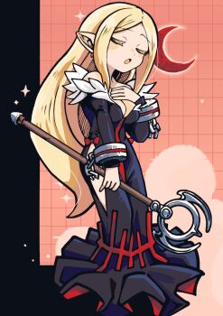 1girl batchgooya black_dress blonde_hair bow breasts broken_handcuffs cleavage closed_eyes crescent_moon disgaea dress earrings fur-trimmed_dress fur_trim grid_background hand_on_own_chest healer_(disgaea) highres holding holding_staff jewelry long_hair makai_senki_disgaea moon off-shoulder_dress off_shoulder pointy_ears red_bow staff