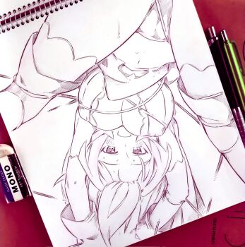 1girl art_tools_in_frame bad_id bad_twitter_id bdsm bondage boots bound bra bra_peek breasts cameltoe center_opening elbow_gloves eraser gloves graphite_(medium) highres inactive_account large_breasts looking_at_viewer looking_through_own_legs mechanical_pencil monochrome navel nijisanji notebook nui_sociere nui_sociere_(1st_costume) open_mouth panties pencil photo_(medium) solo string sweat thigh_boots thighhighs thighhighs_under_boots traditional_media tsukareta_san underwear upside-down virtual_youtuber