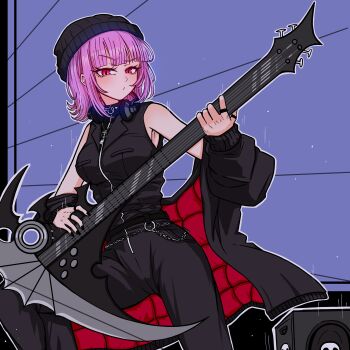 Rule 34 | 1girl, akuma0320, bass guitar, beanie, black hat, black jacket, breasts, commentary, hat, highres, hololive, hololive english, instrument, jacket, long hair, looking at viewer, mori calliope, mori calliope (the story thus far), official alternate costume, official alternate hairstyle, pink eyes, pink hair, scythe, short hair, solo, symbol-only commentary, two-sided fabric, two-sided jacket, virtual youtuber