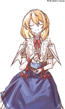 1girl absurdres alice_margatroid artist_name blonde_hair blue_skirt closed_eyes commentary_request dated doll hairband highres holding holding_doll long_skirt one-hour_drawing_challenge red_hairband shanghai_doll shirt short_hair simple_background skirt smile solo touhou ve1024 white_background white_shirt