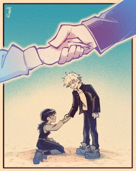 1boy 1girl absurdres adversarial_noise akaiguarts black_dress black_hair black_jacket black_pants blush chainsaw_man denji_(chainsaw_man) dress fourth_east_high_school_uniform gakuran highres holding_hands jacket long_hair long_sleeves mitaka_asa pants pinafore_dress school_uniform shirt short_hair sleeveless sleeveless_dress white_hair white_shirt