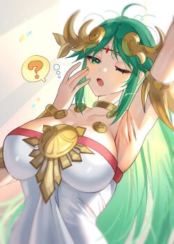 1girl ? ancient_greek_clothes arm_up armlet bare_shoulders breasts chain chiton circlet cleavage forehead_jewel gold_chain greco-roman_clothes green_eyes green_hair hand_up highres jewelry kid_icarus kid_icarus_uprising large_breasts long_hair messy_hair neck_ring nintendo one_eye_closed open_mouth palutena pendant solo spoken_question_mark tiara upper_body vambraces very_long_hair yasaikakiage yawning