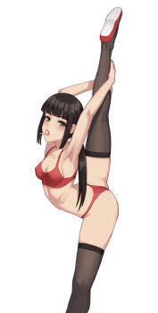 1girl arched_back armpits arms_up ass bad_id bad_pixiv_id bare_arms bare_shoulders black_legwear blunt_bangs blush breasts brown_eyes brown_hair candy chinese_commentary cleavage commentary covered_erect_nipples exercising female_focus flexible food food_in_mouth leg_up lollipop long_hair low_twintails mool_yueguang mouth_hold open_mouth original red_footwear sidelocks simple_background small_breasts solo split sports_bra standing standing_on_one_leg standing_split twintails white_background