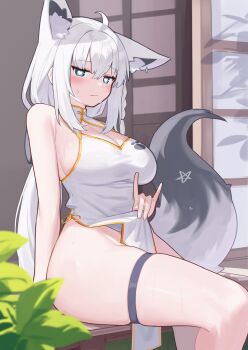 1girl absurdres ahoge alternate_costume animal_ear_fluff animal_ear_piercing animal_ears bare_shoulders breasts china_dress chinese_clothes cleavage cleavage_cutout closed_mouth clothes_lift clothing_cutout commentary_request deaver dress extra_ears fox_ears fox_girl fox_tail gold_panties gold_trim heart heart-shaped_pupils highres hololive large_breasts lifting_own_clothes long_hair looking_at_viewer m/ no_panties on_table paw_print pelvic_curtain pelvic_curtain_lift pentagram shirakami_fubuki sitting sleeveless sleeveless_dress solo symbol-shaped_pupils table tail thick_thighs thigh_strap thighs virtual_youtuber white_dress white_hair