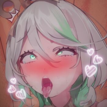 1girl 3d ahegao blush cecilia_immergreen colored_inner_hair green_eyes green_hair grey_hair hair_between_eyes heart heart-shaped_pupils hololive hololive_english itshollu medium_hair multicolored_hair open_mouth rolling_eyes saliva streaked_hair symbol-shaped_pupils tearing_up teeth tongue tongue_out upper_teeth_only virtual_youtuber winding_key
