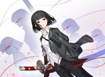 1girl age_progression araya_(project_moon) black_jacket black_pants blood blood_splatter chain collared_shirt commentary cowboy_shot dated_commentary highres holding holding_sword holding_weapon jacket jacket_on_shoulders lcb_uniform_(project_moon) limbus_company looking_to_the_side ootachi pants parted_lips project_moon red_eyes ryoshu_(project_moon) sheath sheathed shirt short_hair simple_background sword weapon white_background white_shirt yzj21333