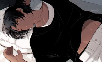 Rule 34 | 1boy, arknights, bishounen, black hair, black shirt, braid, clothes lift, dark-skinned male, dark skin, ear piercing, earrings, jewelry, looking at viewer, lying, male focus, midriff peek, mtk (souko), navel, on back, on bed, one eye closed, pants, parted lips, piercing, pillow, shirt, shirt lift, short hair, sleeping, solo, thorns (arknights), white pants, yellow eyes