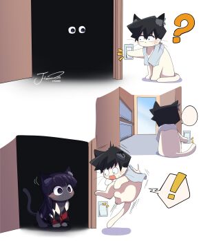 ? absurdres animal animal_with_hair animalization black_hair cat clothed_animal commentary d: highres j_humbo komi-san_wa_komyushou_desu komi_shouko light_switch long_hair no_humans open_door open_mouth scared short_hair speech_bubble sweater symbol-only_commentary tadano_hitohito towel whiskers white_background