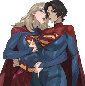 2girls absurdres arm_around_waist black_hair blonde_hair blue_bodysuit bodysuit cape dc_comics dc_extended_universe dc_universe_(franchise) highres in-franchise_crossover looking_at_viewer multiple_girls multiple_persona red_cape red_skirt revision skirt supergirl superhero_costume superman_(2025) superman_(series) taiyang_yu the_flash_(movie) tongue tongue_out yuri