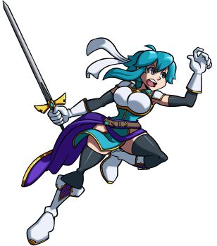 1girl absurdres ahoge armor attack belt blue_hair blue_tunic boots breastplate breasts commission commissioner_upload elbow_gloves fire_emblem fire_emblem:_genealogy_of_the_holy_war gloves headband highres holding holding_sword holding_weapon if_they_mated niboonskull nintendo open_mouth original pelvic_curtain popped_collar purple_eyes sash selia_(mrtalkingdino) shoulder_armor sidelocks skindentation skullgirls solo sword thighhighs thighs tomboy tunic weapon white_background white_headband