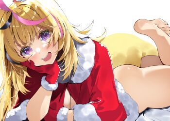 1girl absurdres ass barefoot blonde_hair bottomless breasts capelet cleavage fox_girl fox_tail fur-trimmed_capelet fur-trimmed_gloves fur_trim gloves hand_on_own_cheek hand_on_own_face highres hololive long_hair looking_at_viewer lying multicolored_hair omaru_polka on_stomach open_mouth pink_streaks purple_eyes red_capelet red_gloves solo streaked_hair tail the_pose tsushi virtual_youtuber white_background