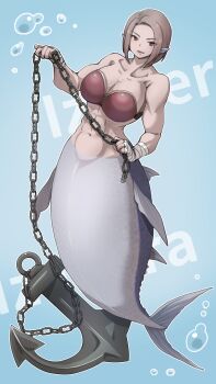1girl abs air_bubble anchor armor bandaged_hand bandages bare_shoulders biceps bikini bikini_armor bikini_top_only blue_background breasts brown_eyes brown_hair bubble chain character_name cleavage collarbone commentary_request fins full_body groin head_fins highres holding holding_chain holding_weapon komena_(shinyday312) large_breasts looking_at_viewer medium_hair mermaid monster_girl muscular muscular_female navel original parted_bangs parted_lips red_bikini scales sidelocks smile solo swimsuit underwater weapon
