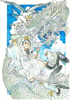 1girl arm_up barefoot bird blue_hair bottle bracelet brown_eyes bud buddhism chinese_mythology commentary_request day dragon eastern_dragon flower gold_bracelet gold_necklace grin guanyin hair_between_eyes hair_tubes highres holding holding_bottle holding_flower honjo_kei jewelry long_hair looking_at_another necklace open_mouth outdoors pouring robe seagull signature smile tiara traditional_media white_robe wide_sleeves