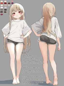 1boy 1girl absurdres ass_peek back barefoot blonde_hair blush chroma_corp closed_mouth color_guide commentary_request commission contrapposto facing_back full_body grey_background hands_on_own_hips highres korean_commentary korean_text long_hair looking_at_viewer mini_person multiple_views on_shoulder original paint_palette petite red_eyes shadow shirt short_shorts shorts solo_focus translation_request very_long_hair white_shirt white_trim