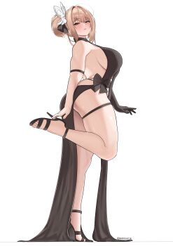 1girl absurdres arm_strap ass backless_dress backless_outfit bare_back bare_shoulders black_dress black_gloves blonde_hair borddort breasts brown_eyes commentary dress elbow_gloves emma_(nikke) emma_(tactical_upgrade)_(secret_therapy)_(nikke) english_commentary evening_gown full_body gloves goddess_of_victory:_nikke hair_intakes halterneck high_heel_sandals highres large_breasts long_hair looking_at_viewer official_alternate_costume official_alternate_hairstyle sandals sideboob simple_background single_elbow_glove sleeveless sleeveless_dress solo standing standing_on_one_leg strappy_heels thick_thighs thigh_strap thighs white_background