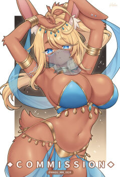 1girl armlet armpits arms_up bare_shoulders blonde_hair blue_eyes breasts commission dancer furry highres jewelry large_breasts long_hair looking_at_viewer mo_(k40633) mouth_veil navel original parted_lips rabbit_girl rabbit_tail stomach tail veil