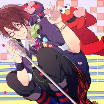 1boy amatsuki_(utaite) artist_request brown_hair commentary_request elmo happy_synthesizer_(vocaloid) jacket looking_at_viewer male_focus non-web_source open_mouth sesame_street shirt short_hair simple_background smile solo source_request utaite white_shirt