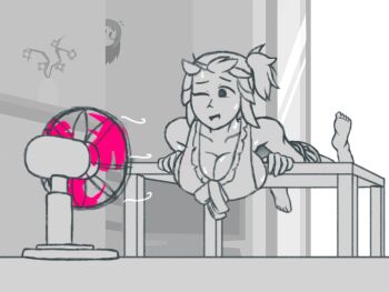 1girl alternate_hairstyle azugarosu bikini breasts cleavage collarbone electric_fan feet feet_up floating_hair frilled_bikini frills greyscale hirasawa_yui huge_breasts indoors k-on! monochrome one_eye_closed open_mouth ponytail ribbon sketch skindentation spot_color sweat swimsuit table wind