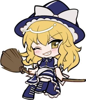 1girl blonde_hair blue_bow blue_bowtie blue_hat blue_shoes blue_skirt blue_vest blush bow bowtie braid broom broom_riding buttons chibi chibi_only double-parted_bangs frilled_skirt frills full_body grin hair_between_eyes hat hat_bow kirisame_marisa long_hair long_sleeves looking_at_viewer mirei_(miirei) one_eye_closed shirt shoes simple_background single_braid sitting skirt skirt_set smile socks solo touhou transparent_background v-shaped_eyebrows vest white_bow white_shirt white_socks witch_hat