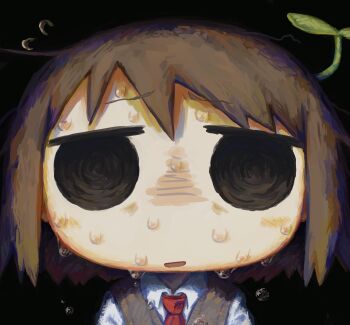 1girl absurdres black_background black_eyes brown_hair collared_shirt dripping highres jitome necktie nervous nervous_sweating no_nose original portrait red_necktie shirt simple_background solid_eyes solo sprout_on_head sweat sweater_vest white_shirt xuwq1h